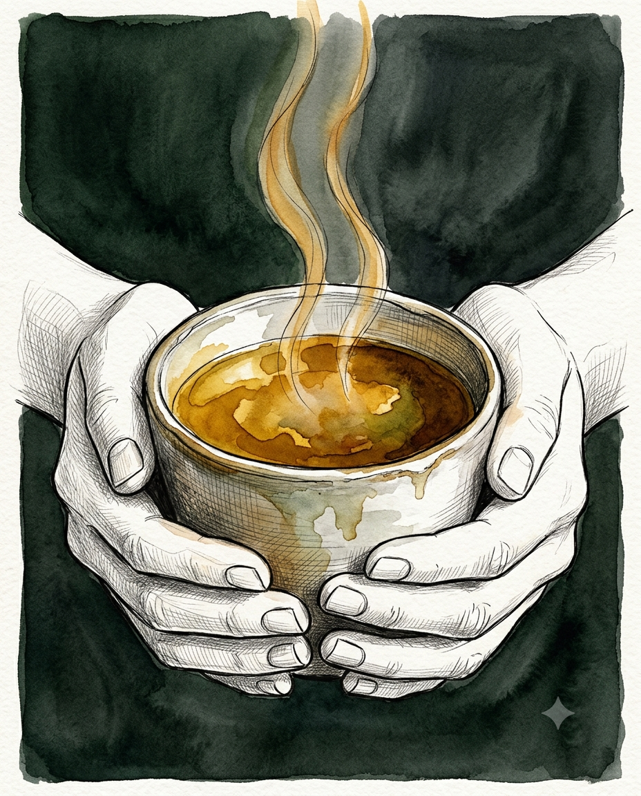 Hands holding brewing broth bowl